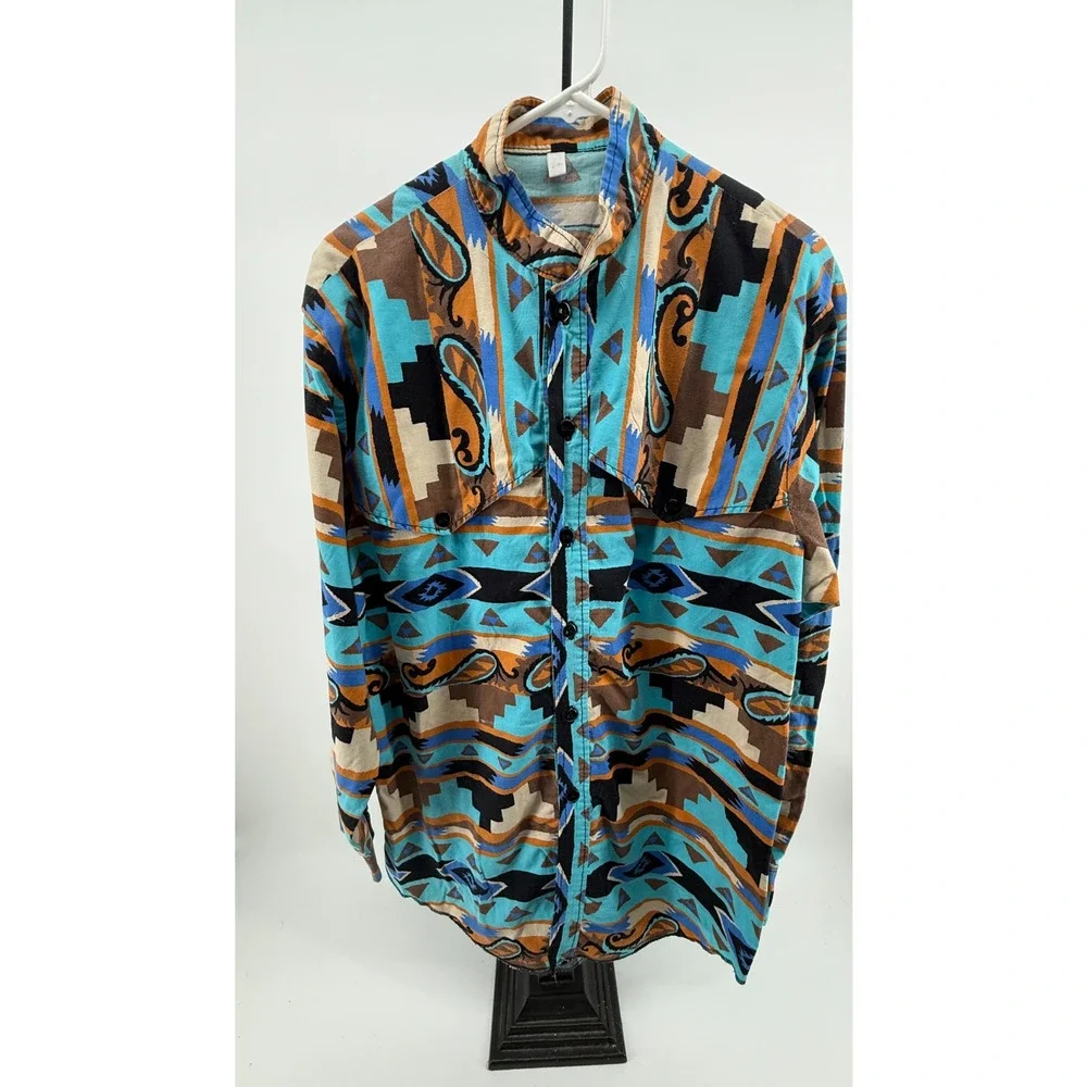 Cowboy Western Rodeo Aztec Shirt Ranch Button Up Bold Print Stand Collar Large - Picture 2 of 8